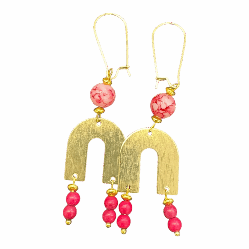 Crimson Arches Earrings by Art in Stone — handmade gold and red semi-precious stone earrings that radiate confidence and vibrant charm.