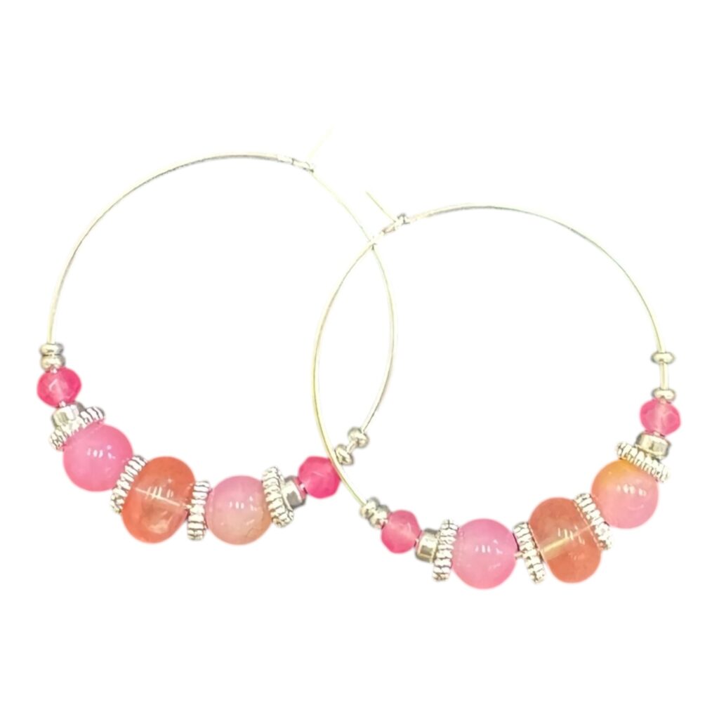 Peach Fizz Hoops by Art in Stone — handmade pink and peach crystal hoop earrings with silver accents for fresh, feminine, summer-ready style.