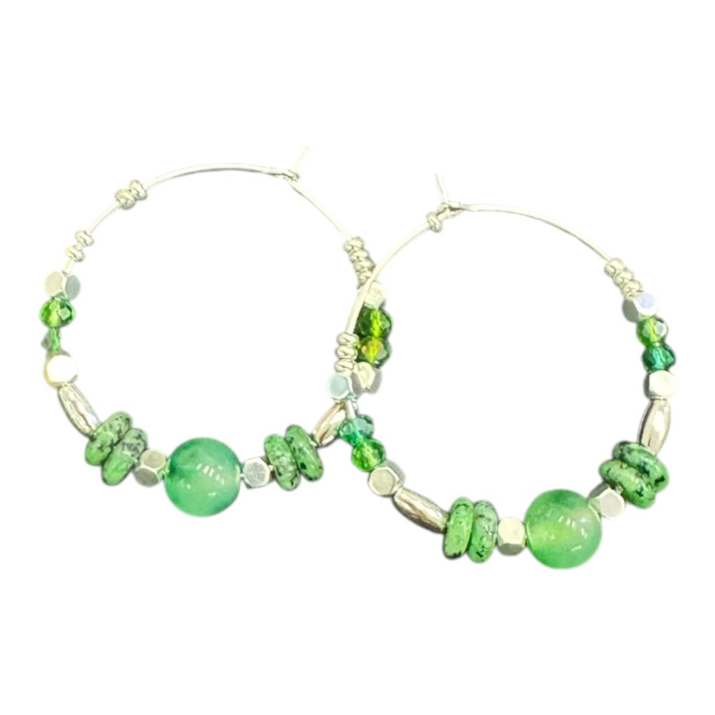 The Good Vibes Only Hoops by Art in Stone bring playful greens and sparkling silver into perfect harmony — fresh, fun, and made for happy souls.