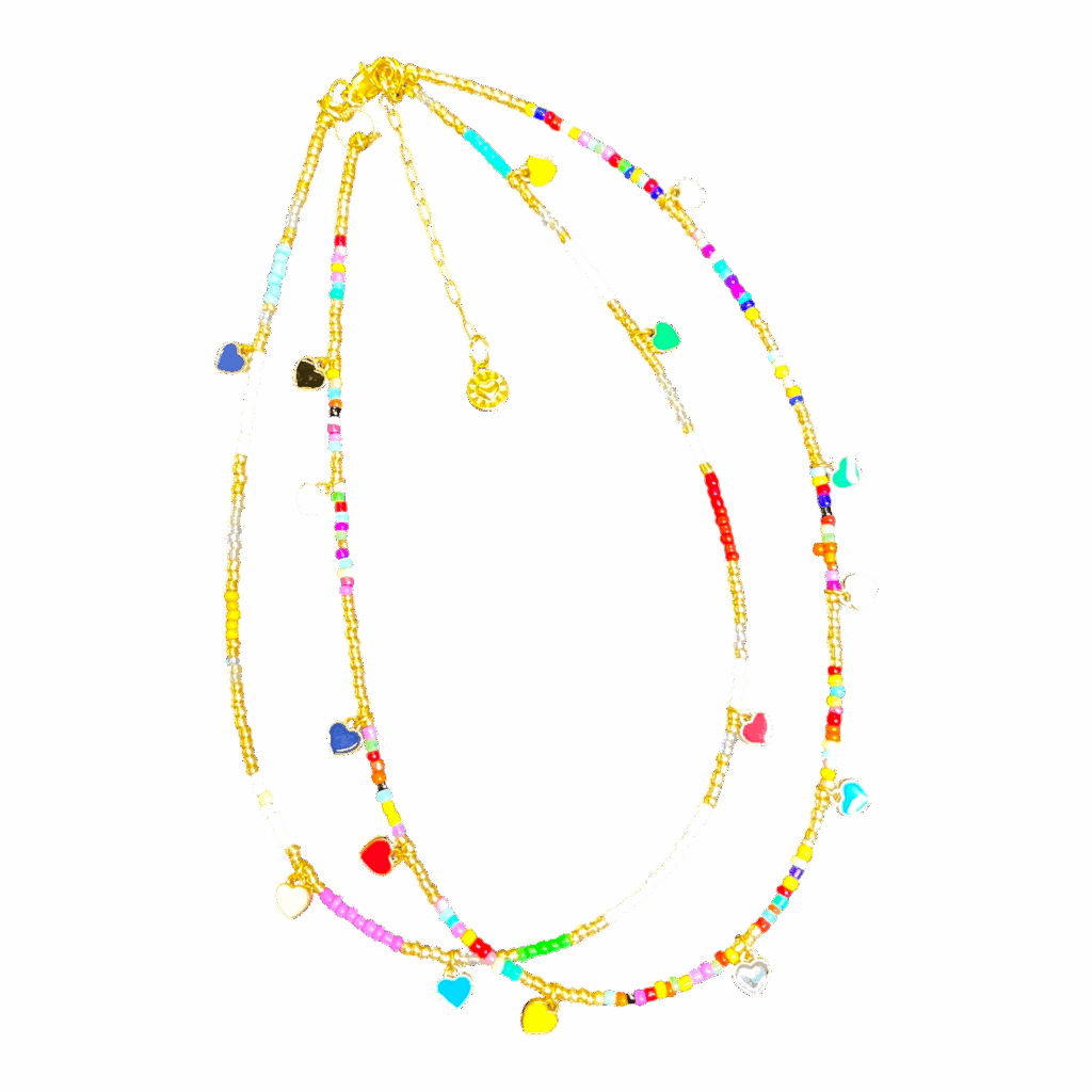 “Heart Skips a Beat” handmade Art in Stone necklace — rainbow beads, enamel hearts & semi-precious stones in playful Australian jewellery.