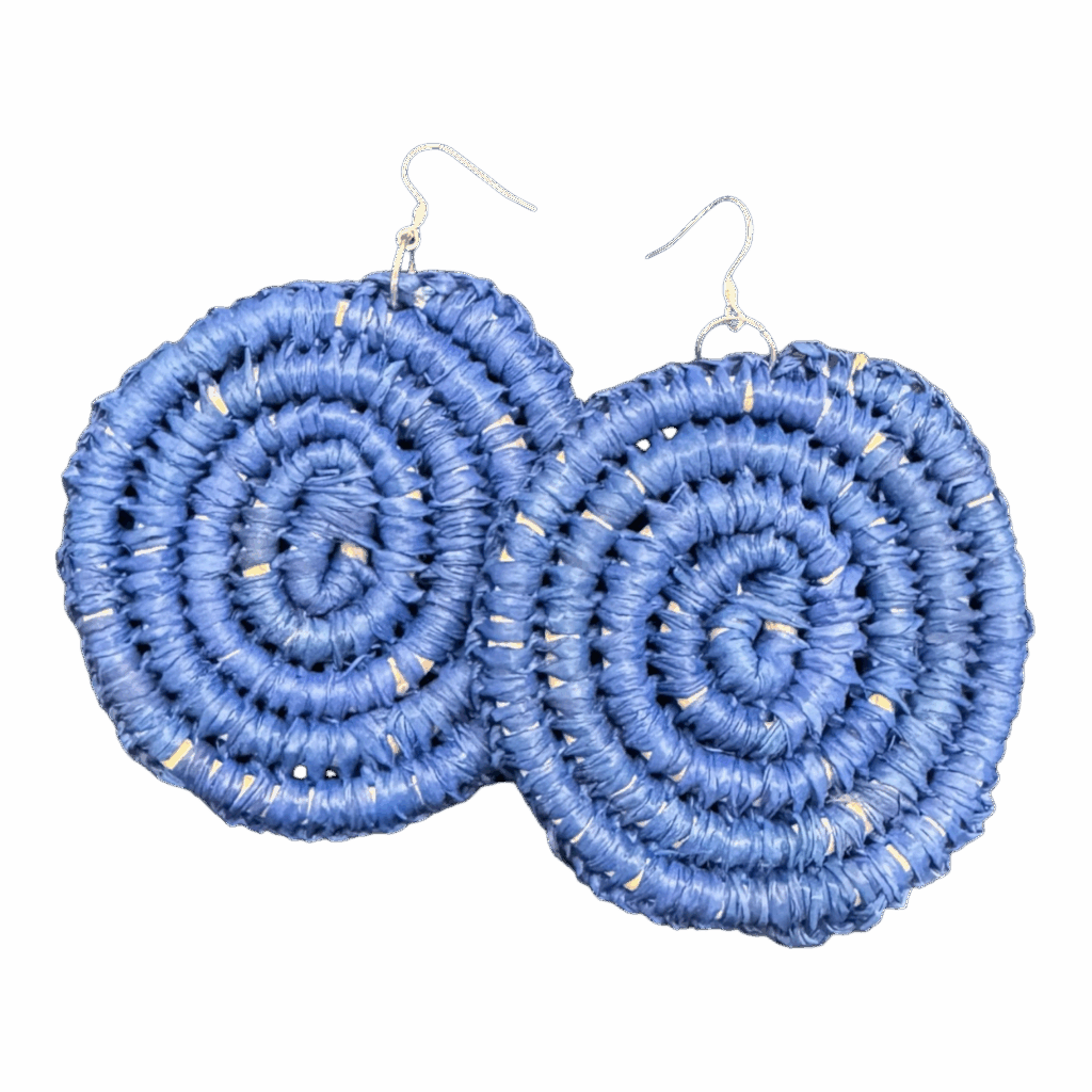 Blue handwoven raffia earrings by Gomeroi artist Debbie Wood. Lightweight spiral Indigenous jewellery. Shop Australian handmade earrings.