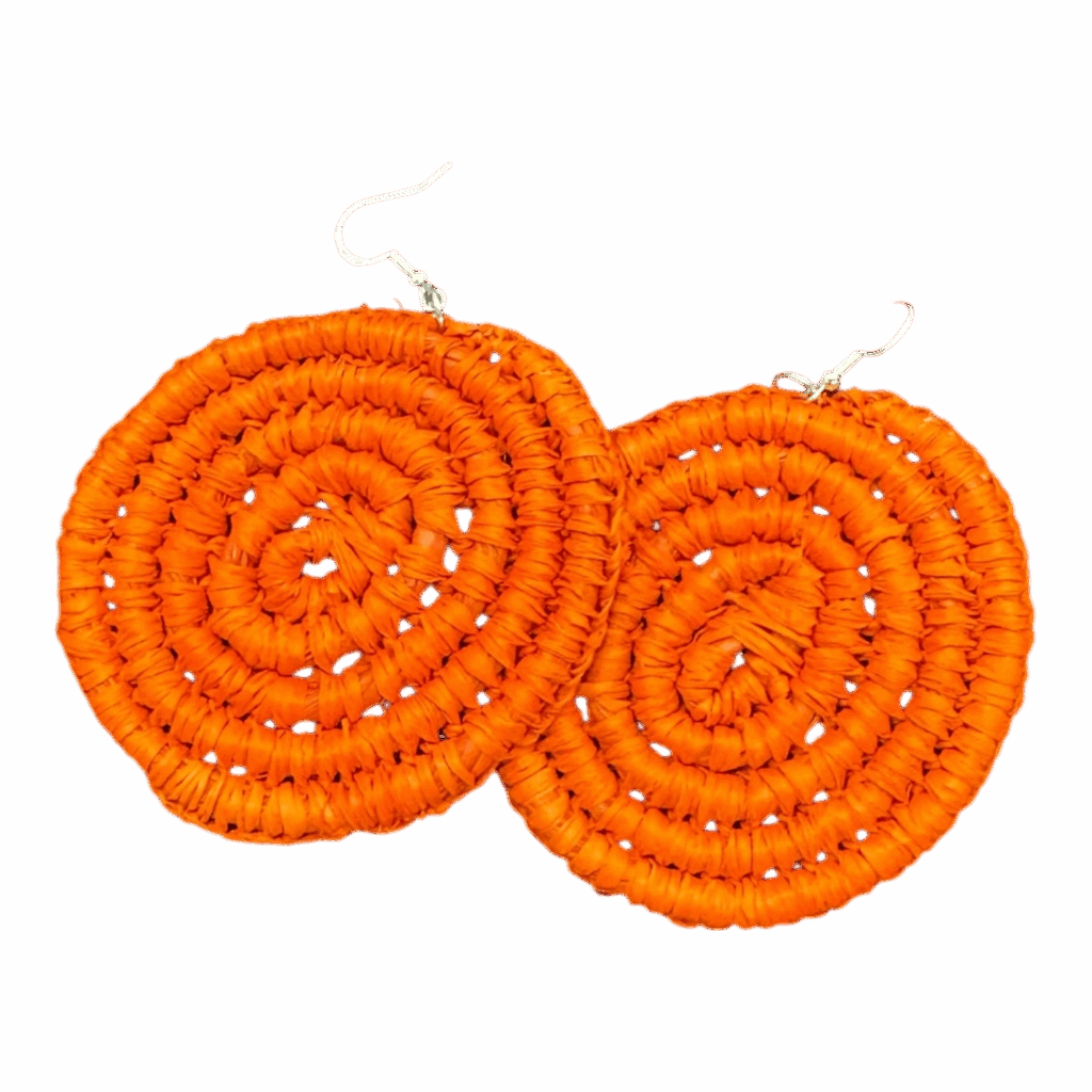 Handwoven orange raffia earrings by Gomeroi artist Debbie Wood. Lightweight, bold spiral earrings. Unique Australian Indigenous handmade jewellery.