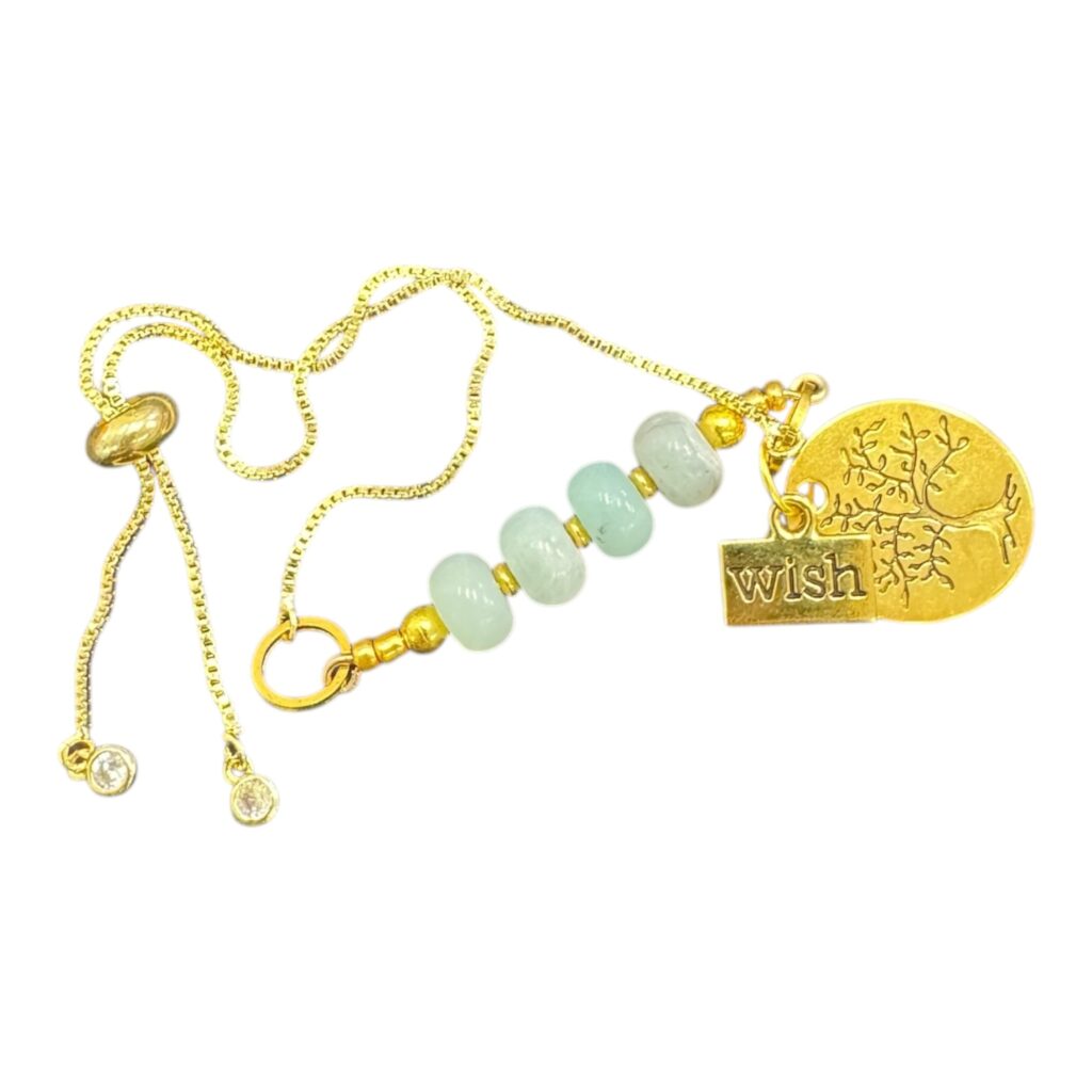 “Make a Wish” jade slider bracelet — tree-of-life charm, ‘wish’ tag, crystals & adjustable chain. Handmade Australian jewellery by Art in Stone.