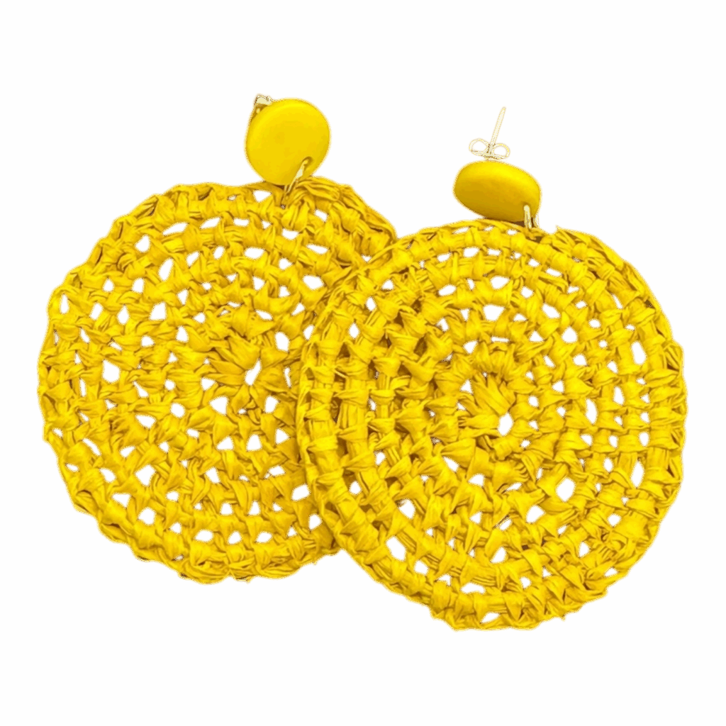 Handwoven yellow raffia earrings by Gomeroi artist Debbie Wood. Lightweight, vibrant, cultural, and contemporary statement earrings. Shop unique Australian handmade jewellery.