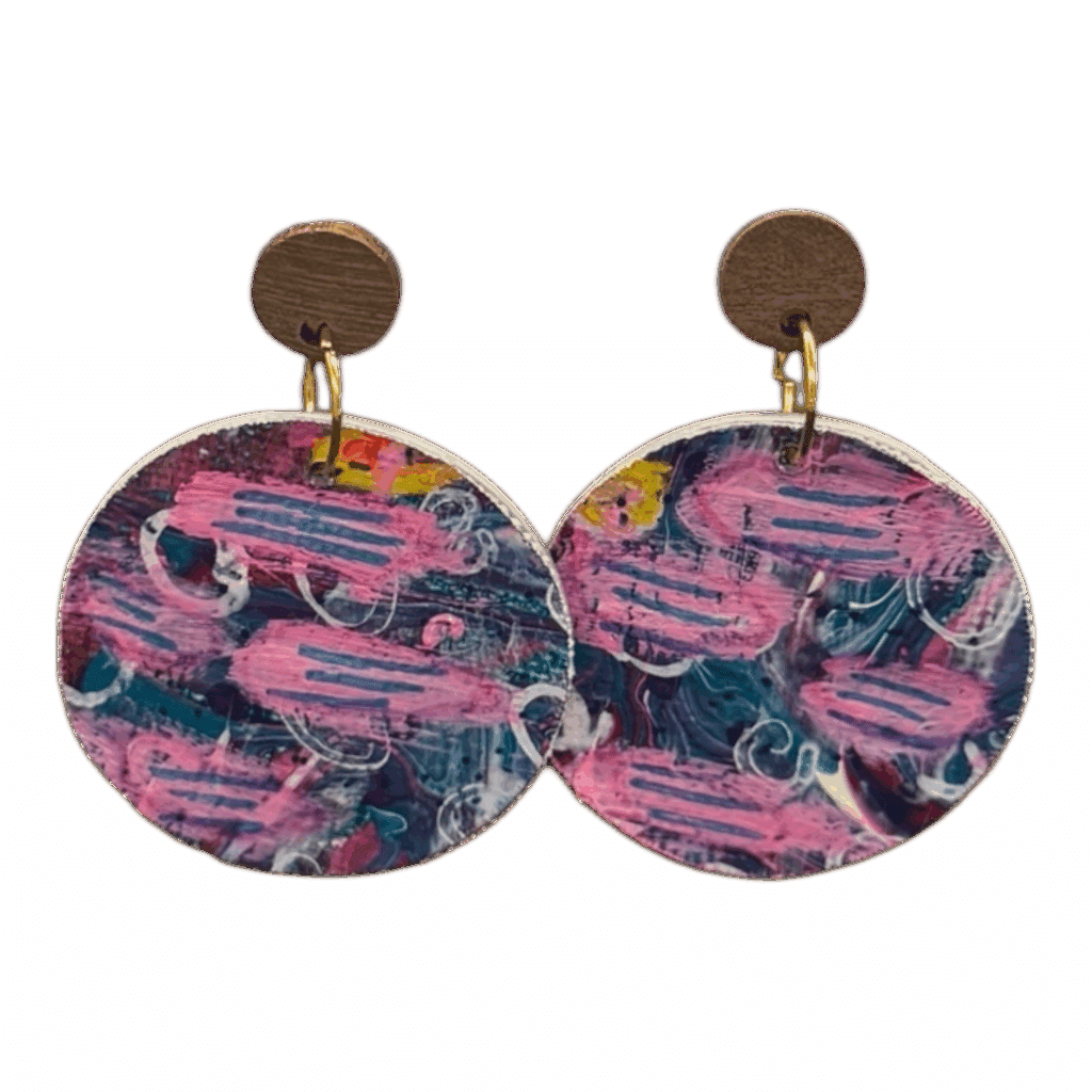 Midnight Scribbles hand-painted earrings by Lindy Farley — vibrant navy and pink eco-friendly jewellery made from recycled coffee pods.