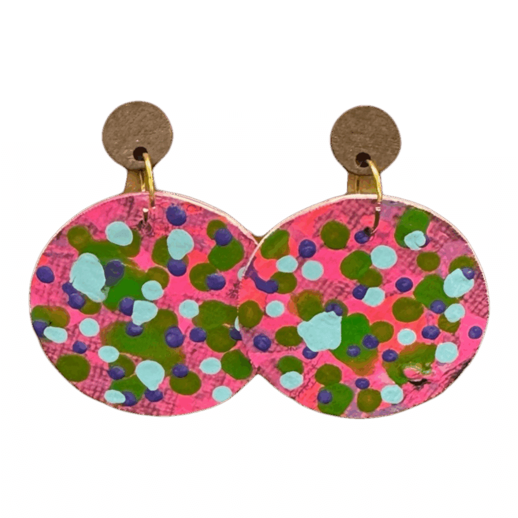 Confetti Garden hand-painted earrings by Lindy Farley — bright pink, green & blue eco-art jewellery created from recycled coffee pods.