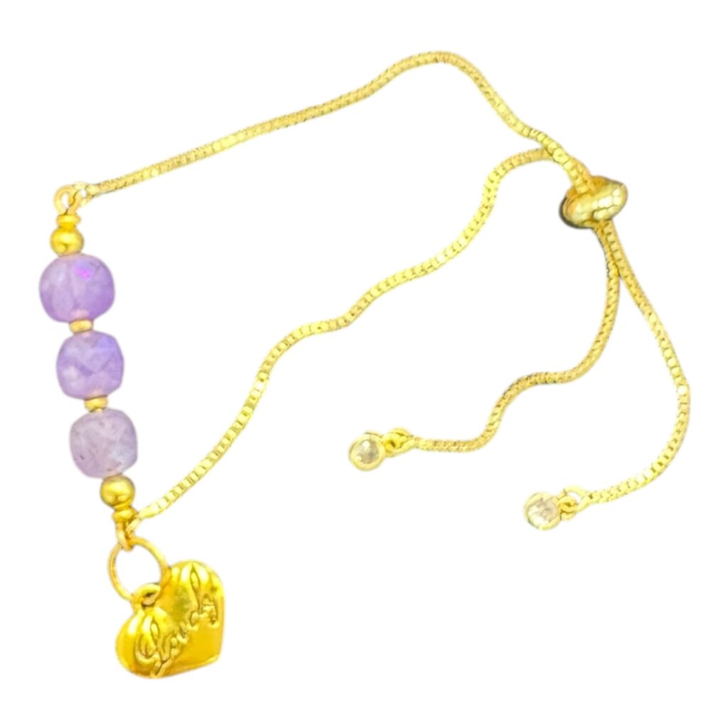 “Lavender Love Spell” raw amethyst slider bracelet — gold heart charm, crystals & adjustable chain. Handmade Australian jewellery by Art in Stone.