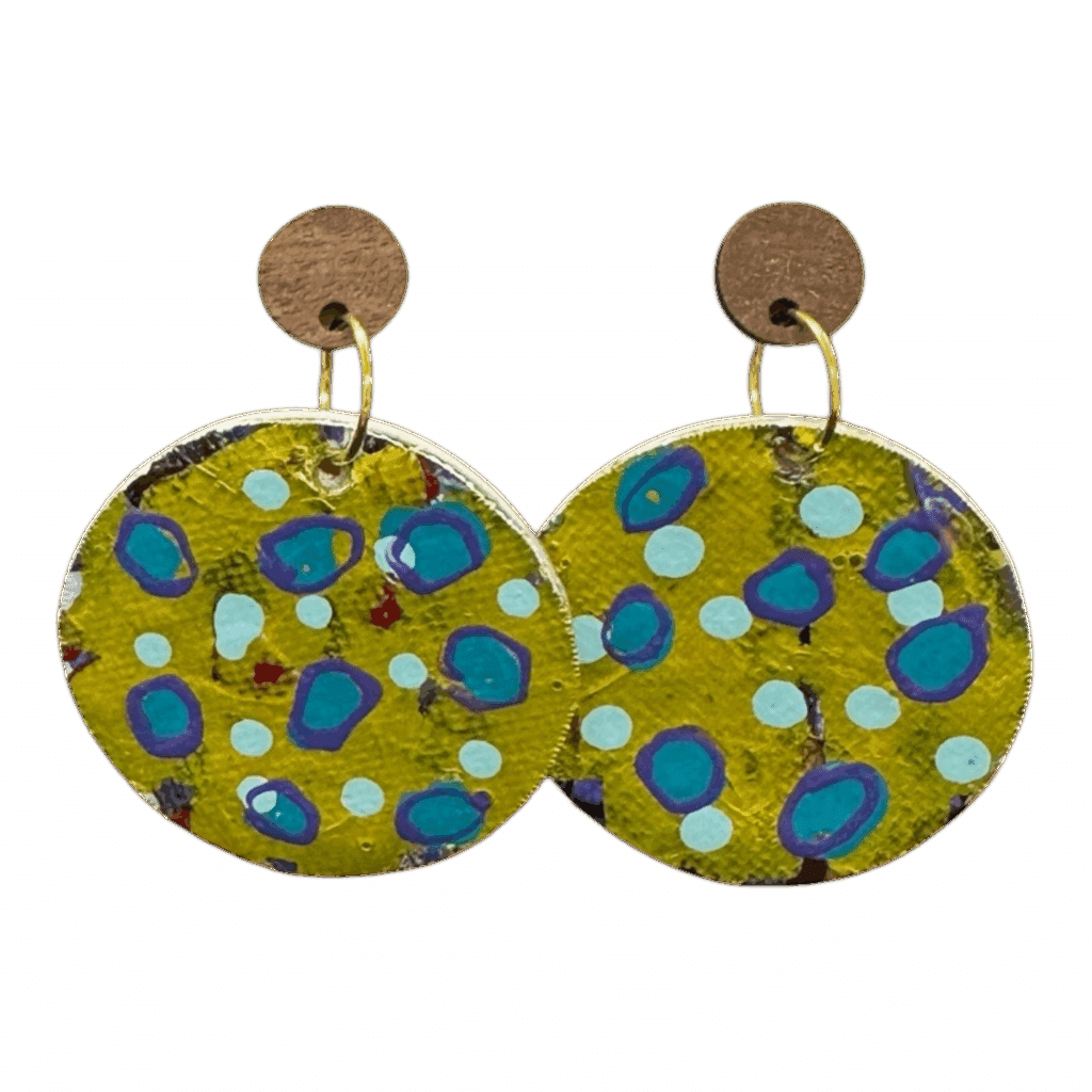 Lemon Twist hand-painted earrings by Lindy Farley — bold yellow & blue eco-friendly jewellery created from recycled aluminium coffee pods.