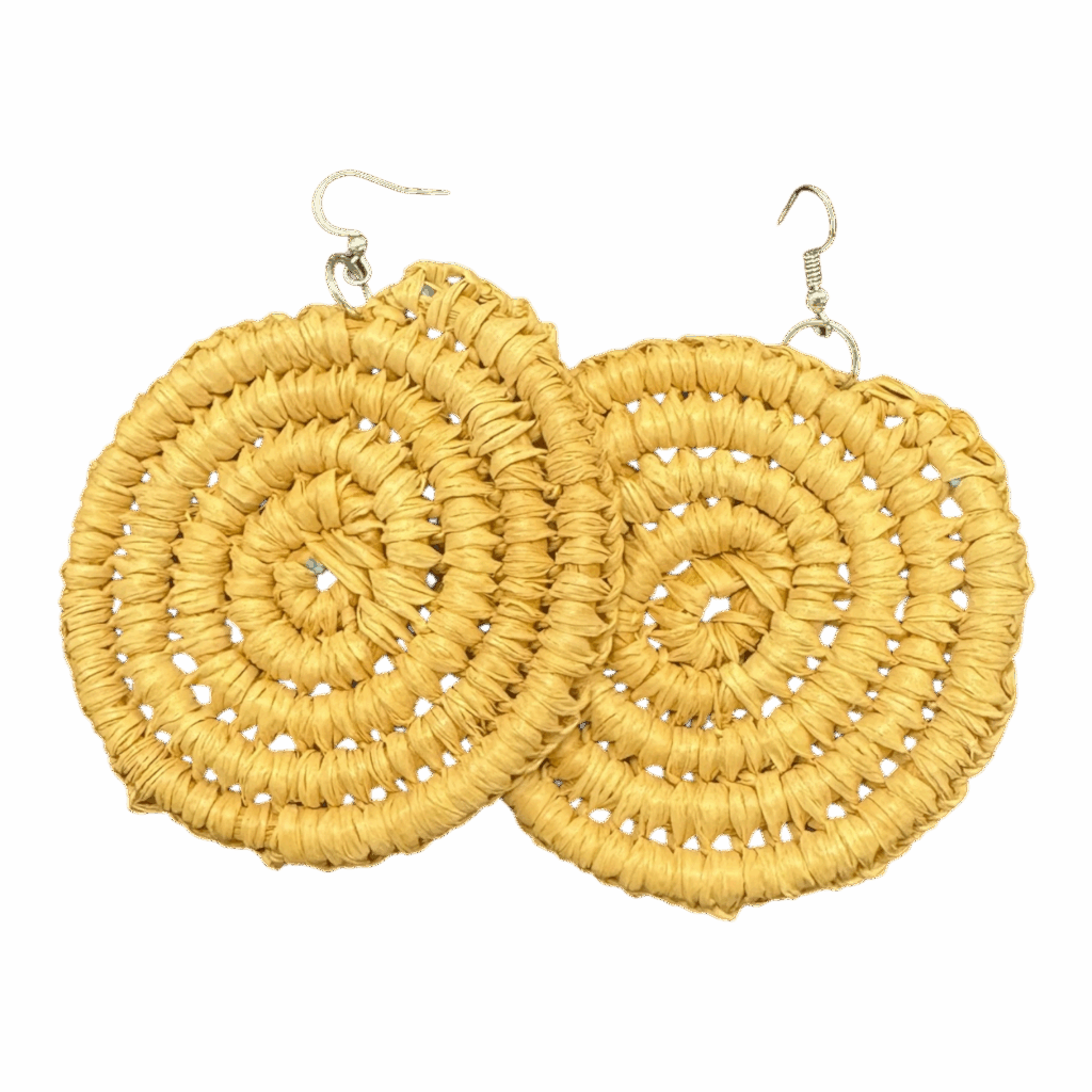 Natural raffia handwoven earrings by Gomeroi artist Debbie Wood. Lightweight neutral spiral earrings. Unique Australian Indigenous handmade jewellery.