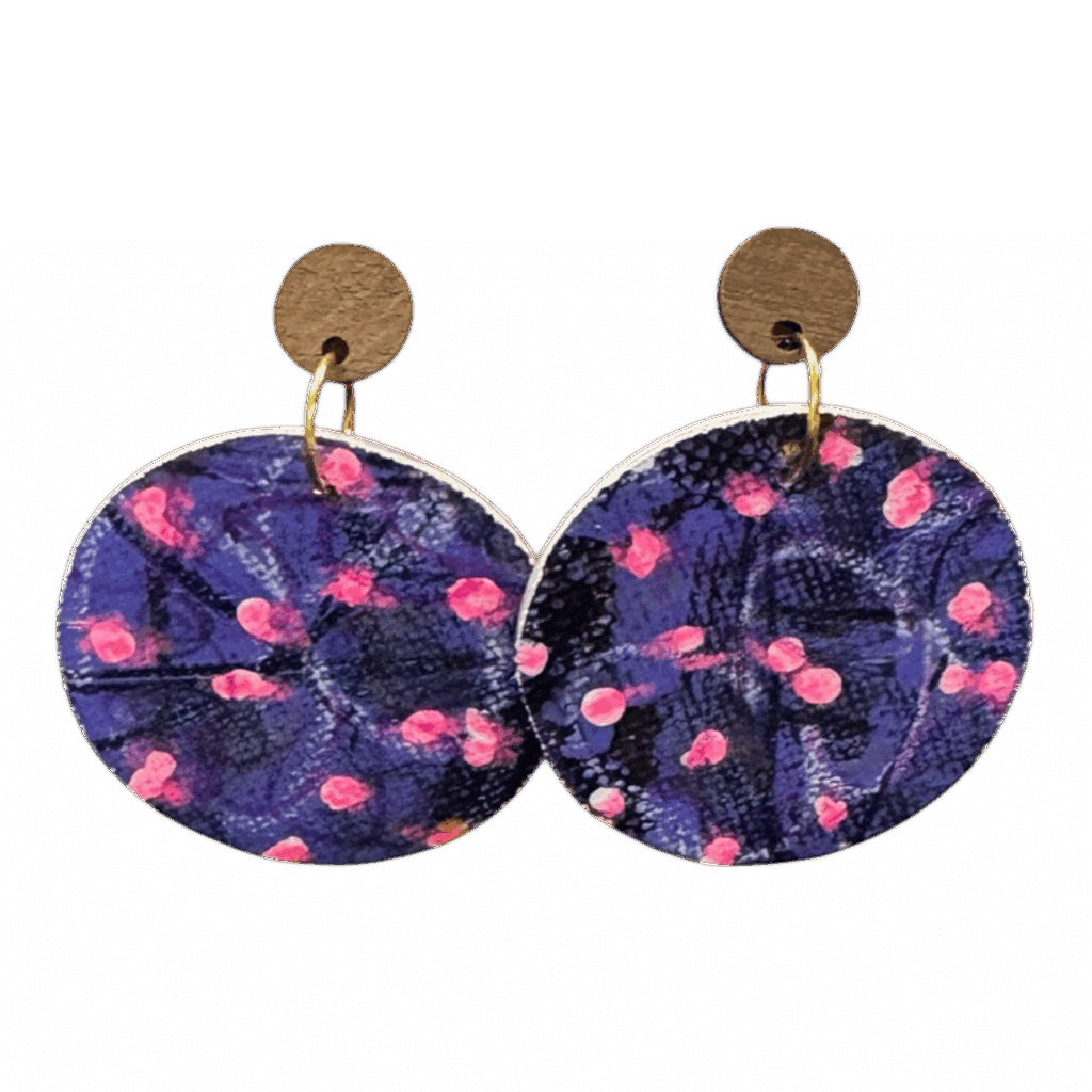 Indigo Bloom hand-painted earrings by Lindy Farley — navy & pink eco-friendly art jewellery made from recycled aluminium coffee pods