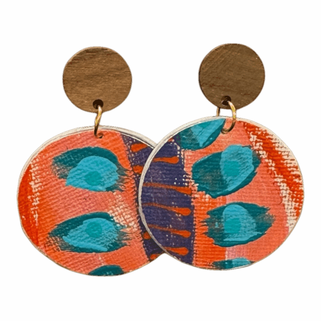Coral Reef Rhythm earrings by Lindy Farley — bold orange & teal hand-painted eco jewellery created from recycled aluminium coffee pods.