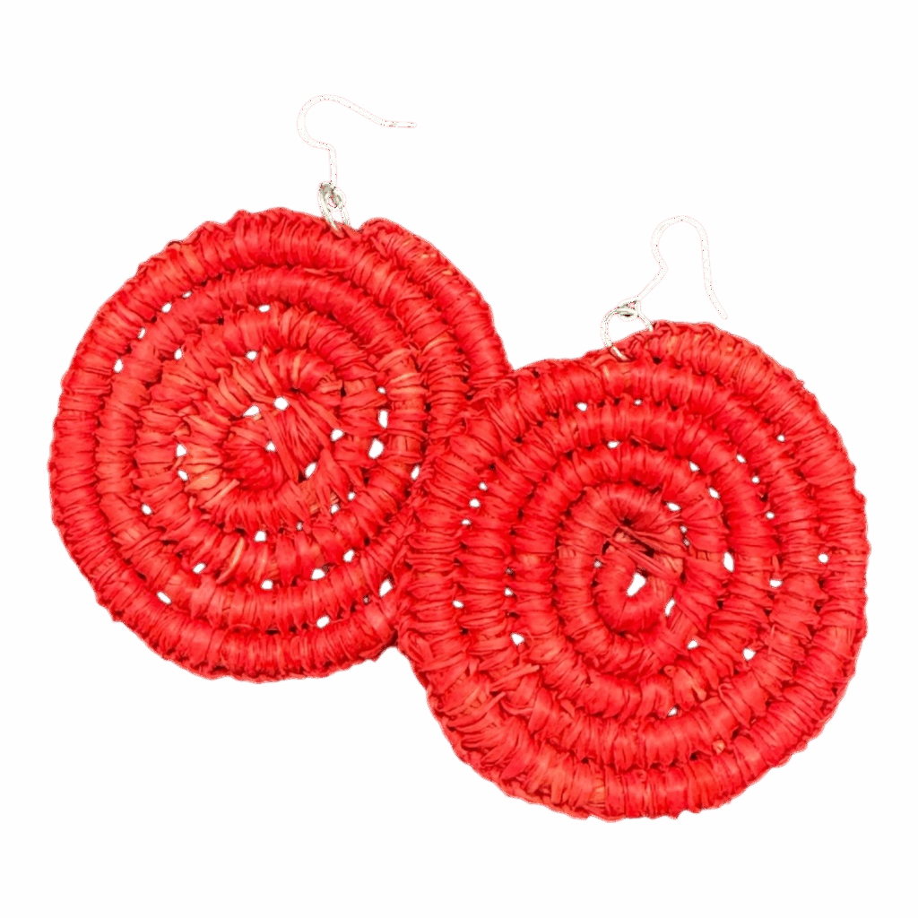 Red handwoven raffia earrings by Gomeroi artist Debbie Wood. Bold lightweight Indigenous jewellery. Shop Australian handmade statement earrings.