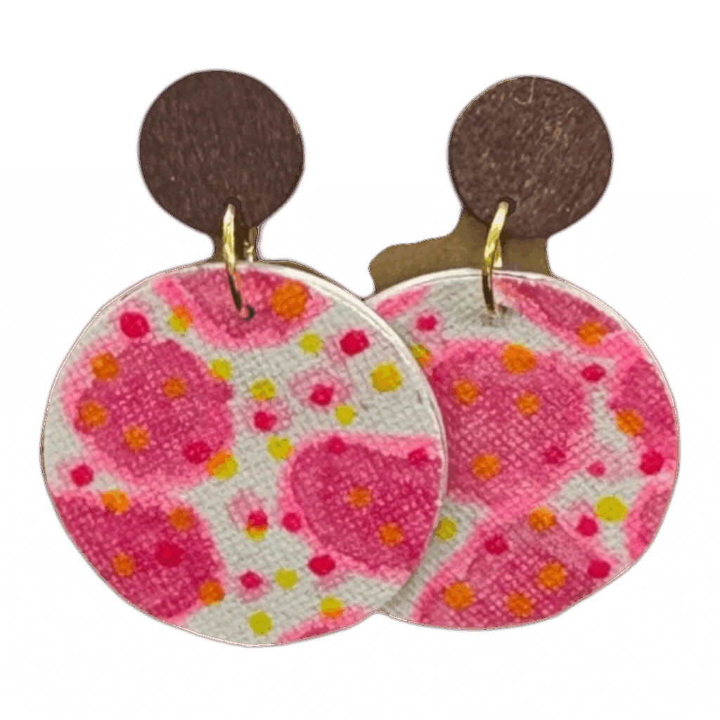 “Bubblegum Bloom” hand-painted eco earrings by Lindy Farley — pink, playful, and sustainably made from recycled coffee pods.