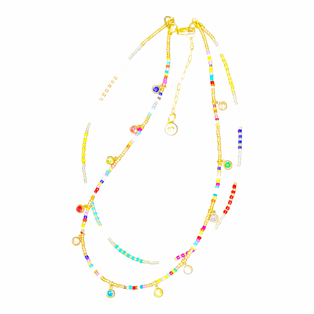 “Crystal Crush” handmade Art in Stone necklace with colourful crystal drops, rainbow beads & semi-precious stones. Sparkly Australian jewellery.