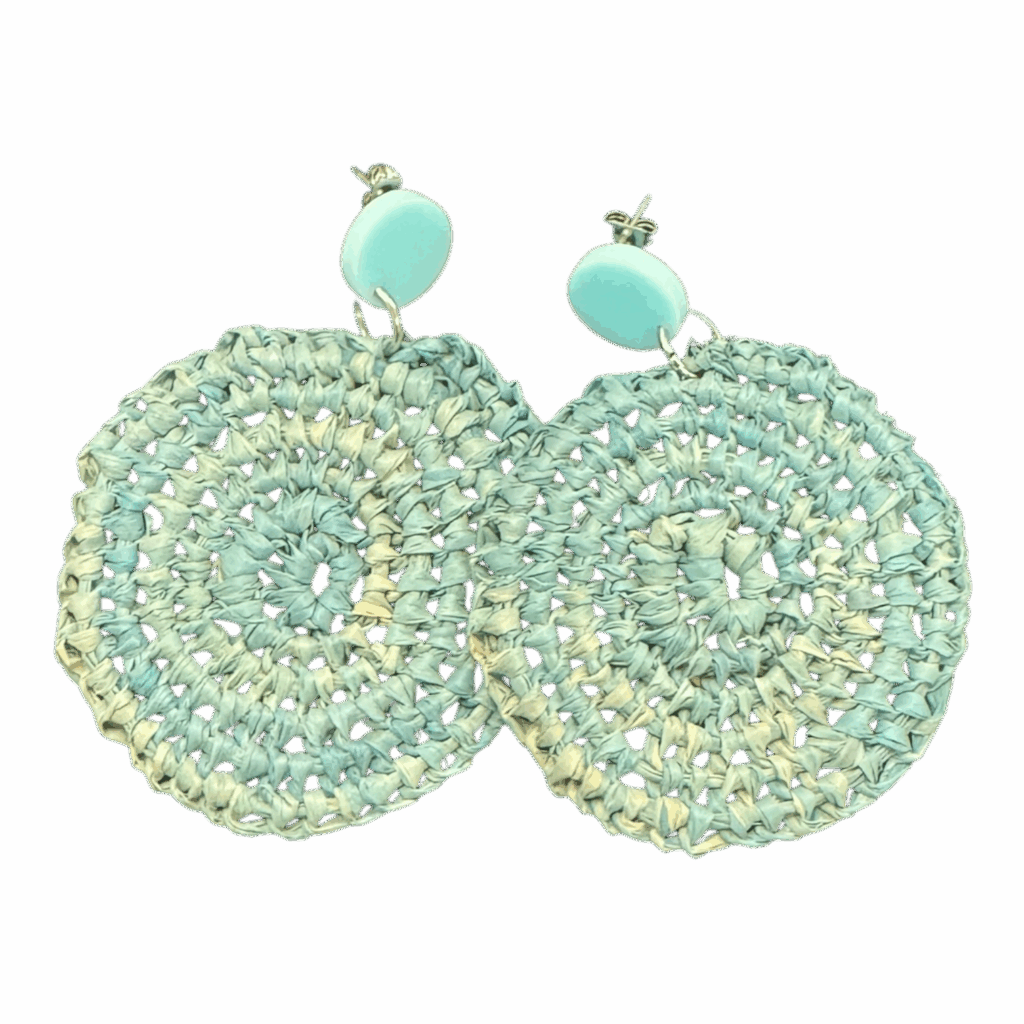 Handwoven blue raffia earrings by Gomeroi artist Debbie Wood. Lightweight Indigenous jewellery inspired by river and sky. Shop Australian handmade earrings.