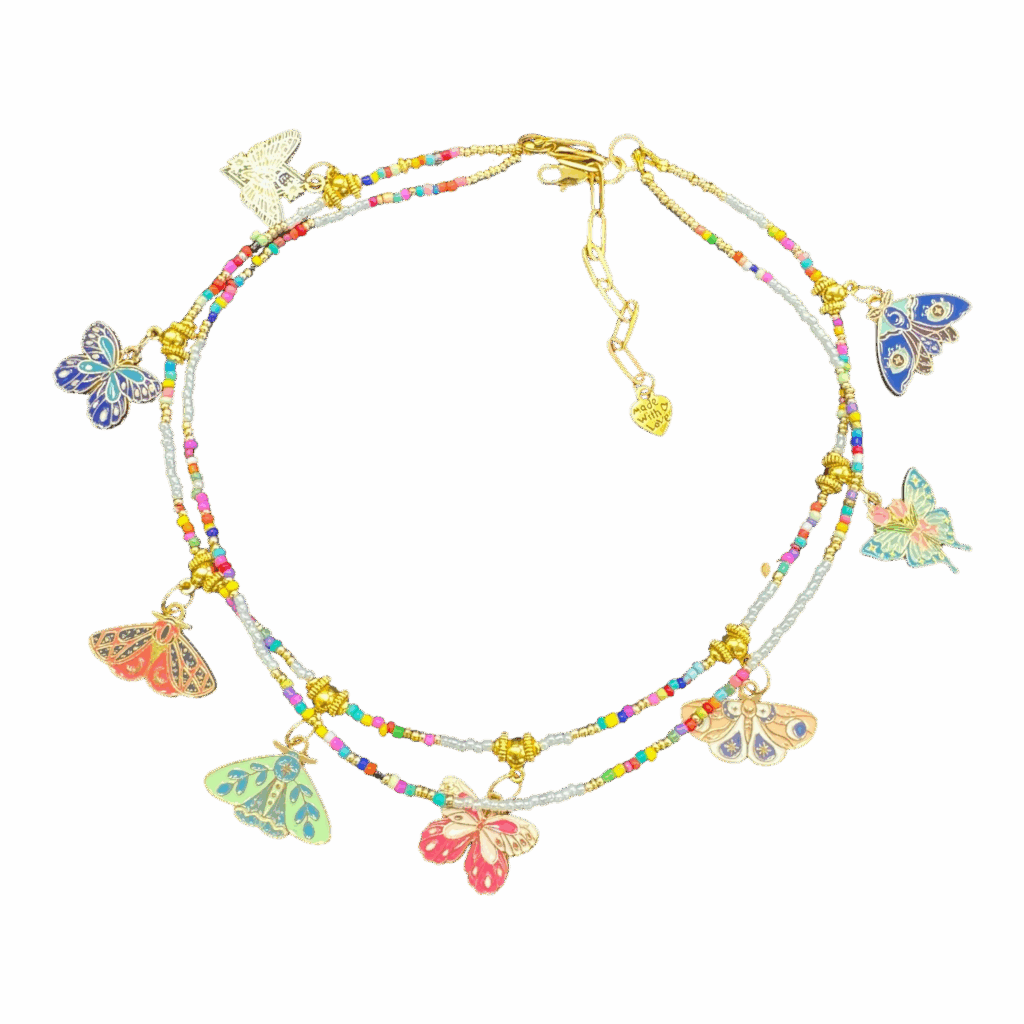 “Flutter Club” handmade Art in Stone necklace — enamel butterfly charms, rainbow beads & semi-precious stones. Fun, bright Australian jewellery.
