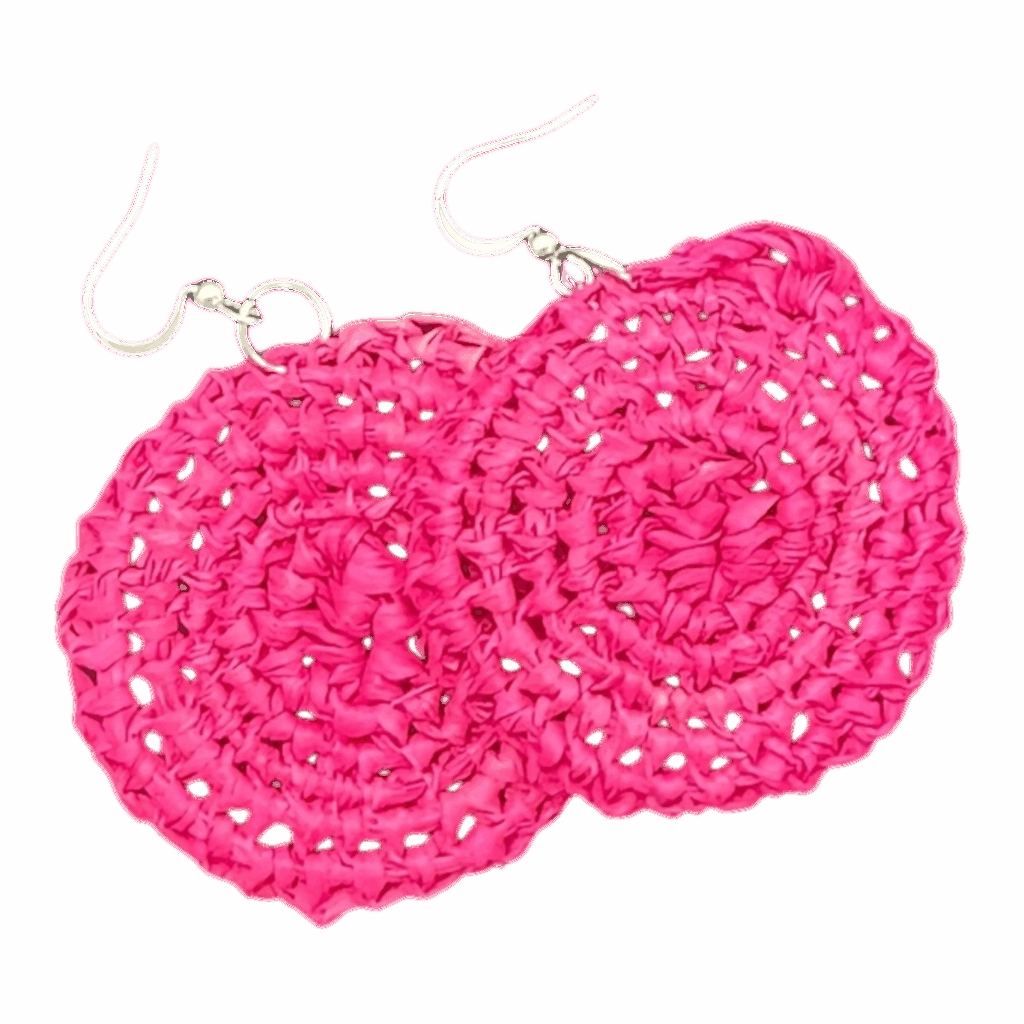 Hot pink raffia earrings by Gomeroi artist Debbie Wood. Lightweight Indigenous handmade jewellery. Unique Australian statement earrings.