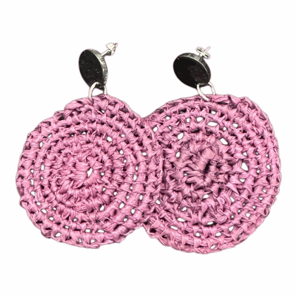 Pink handwoven raffia earrings by Gomeroi artist Debbie Wood. Lightweight Indigenous jewellery with black studs. Shop unique Australian handmade earrings.