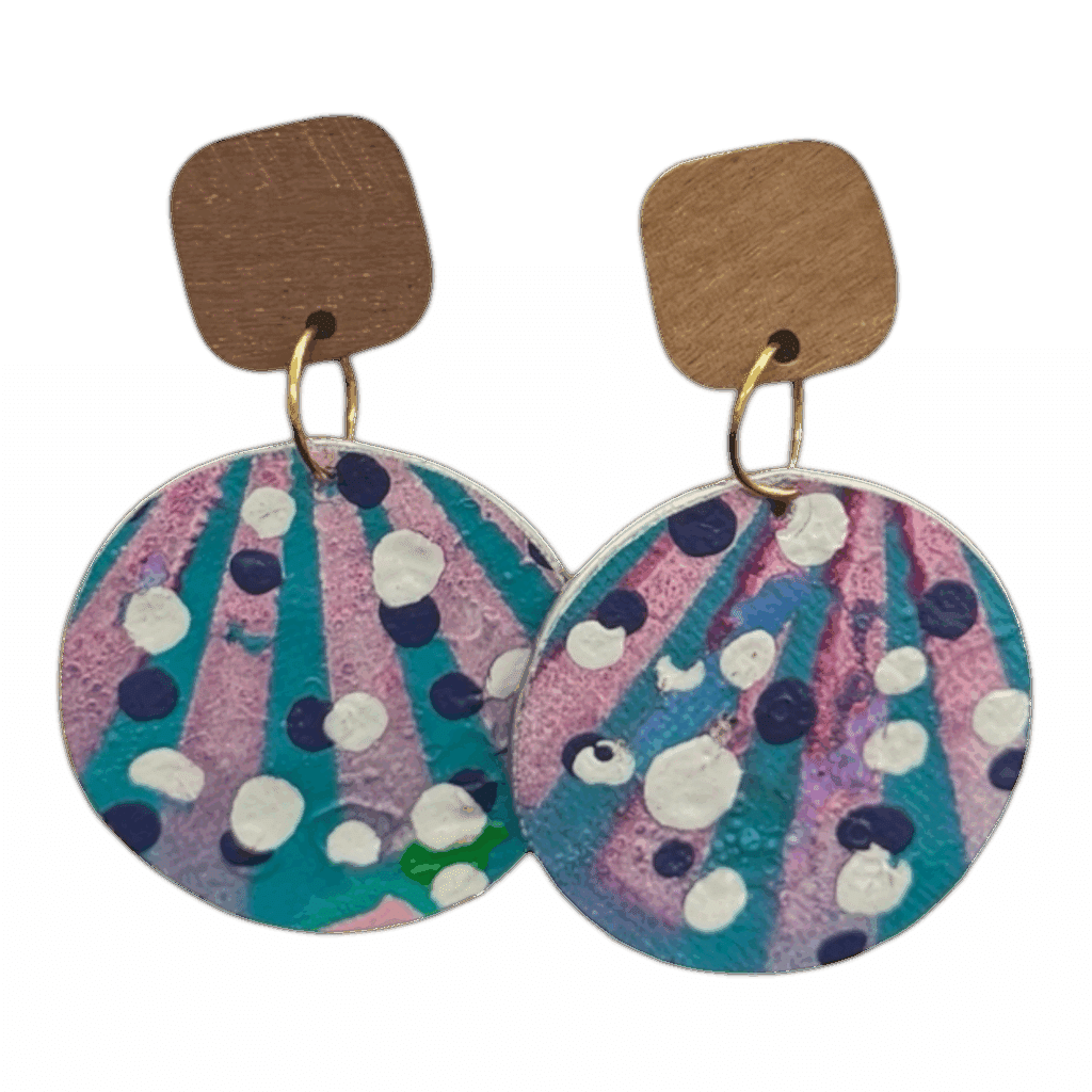 “Aqua Confetti” hand-painted earrings by Lindy Farley — turquoise and violet eco earrings from environmentally friendly recycled coffee pods.