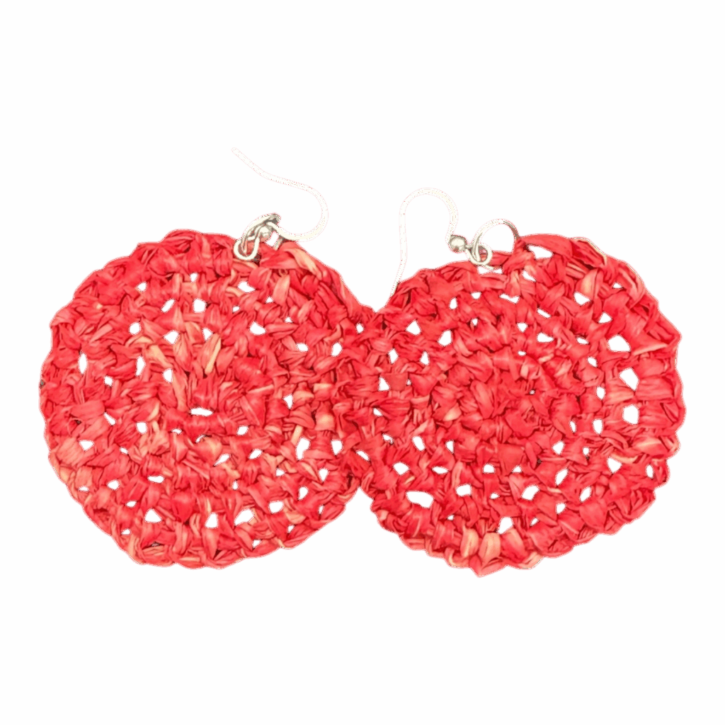 Handwoven red raffia earrings by Gomeroi artist Debbie Wood. Lightweight, vibrant Indigenous jewellery. Shop Australian handmade earrings.