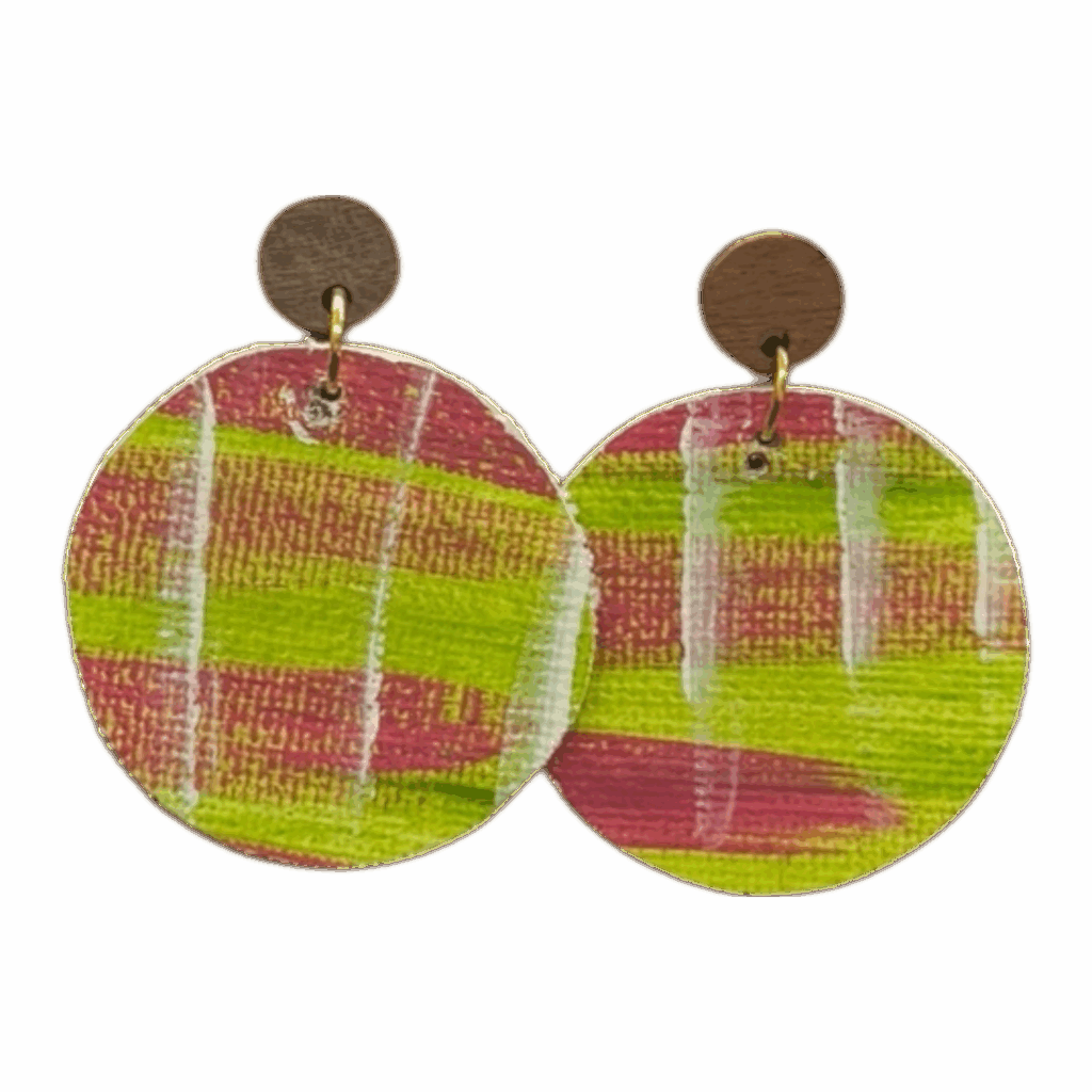 Spring Picnic Plaid hand-painted earrings by Lindy Farley — bright green & pink eco-friendly jewellery made from recycled aluminium coffee pods.