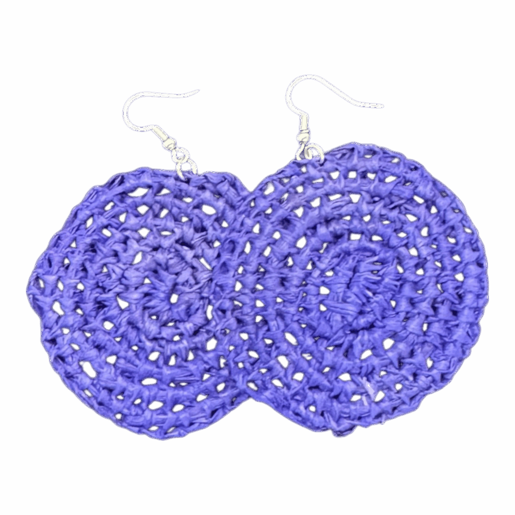 Purple raffia earrings by Gomeroi artist Debbie Wood. Lightweight handwoven Indigenous jewellery. Shop Australian handmade earrings.