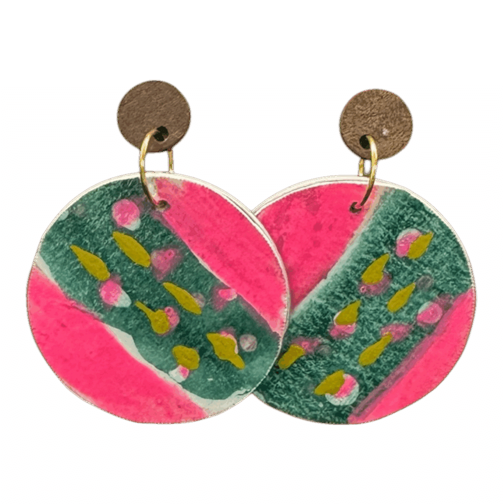 “Watermelon Waves” hand-painted eco earrings by Lindy Farley — fun pink and green recycled coffee pod art.