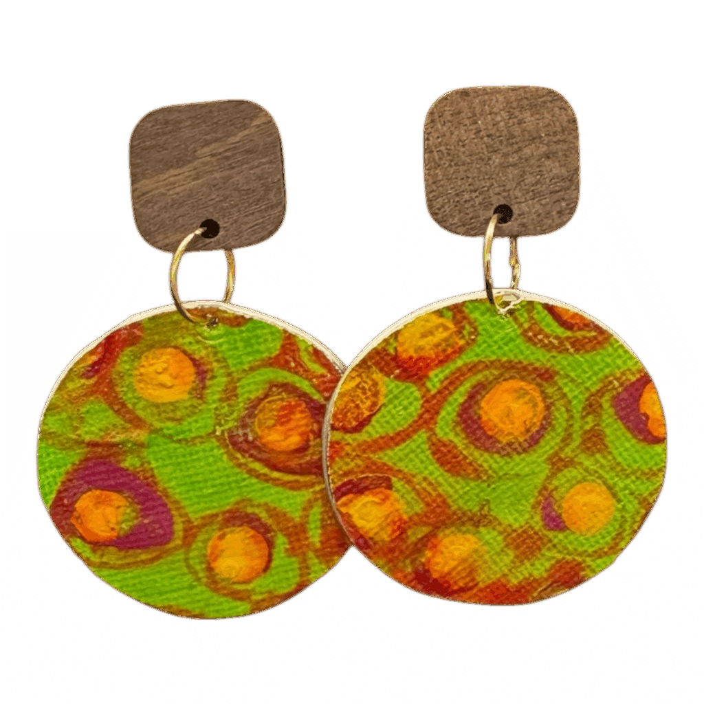 “Citrus Pop” hand-painted earrings by Lindy Farley — green and orange eco earrings made from recycled coffee pods.