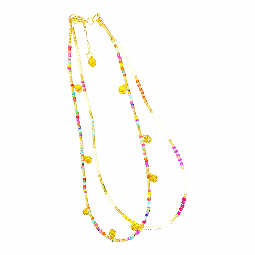 “Goldie Locks” handmade Art in Stone necklace — gold coin discs, rainbow beads & semi-precious stones. Colourful, fun Australian jewellery.