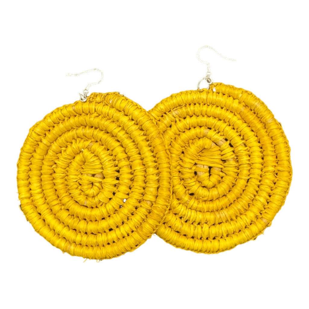Yellow handwoven raffia earrings by Gomeroi artist Debbie Wood. Lightweight Indigenous jewellery inspired by wattle. Shop Australian handmade earrings.