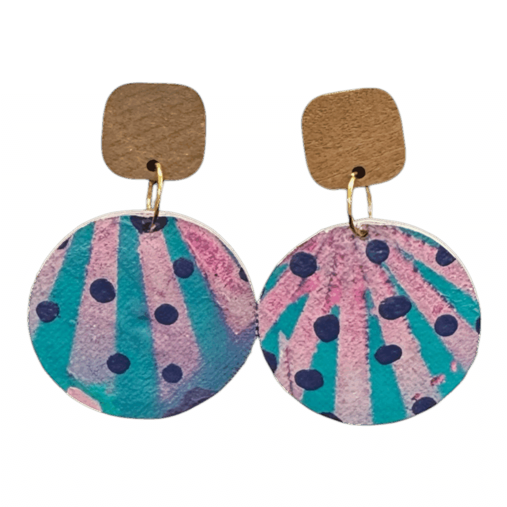 Starlight Stripes hand-painted earrings by Lindy Farley — turquoise, lilac & navy eco-friendly statement jewellery made from recycled coffee pods.
