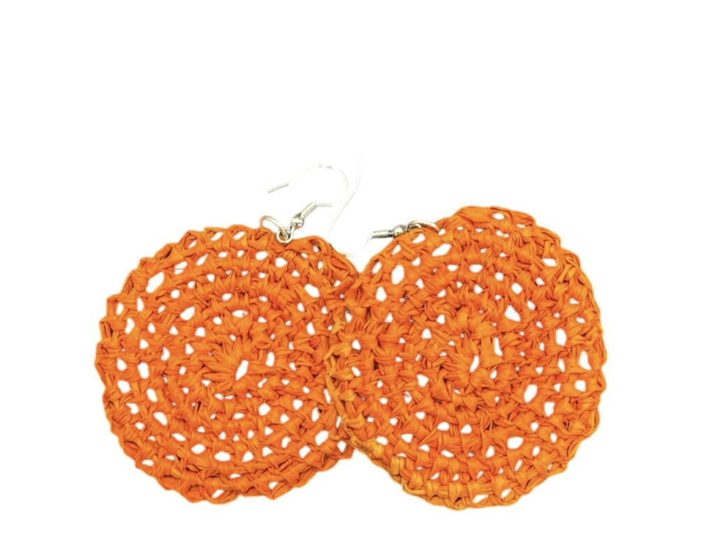 Handwoven orange raffia earrings by Gomeroi artist Debbie Wood. Lightweight open-weave Indigenous jewellery. Unique Australian handmade earrings.
