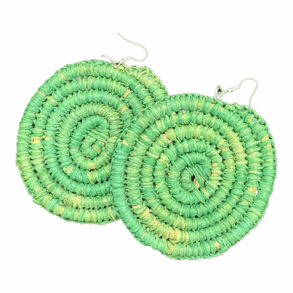 Green raffia earrings by Gomeroi artist Debbie Wood. Lightweight Indigenous spiral jewellery. Shop unique Australian handmade earrings.