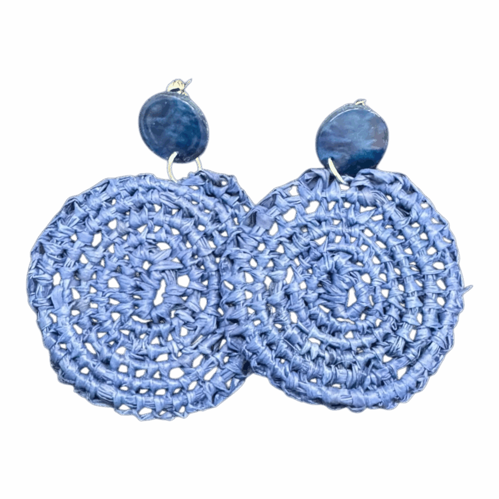 Handwoven blue raffia earrings by Gomeroi artist Debbie Wood. Lightweight Indigenous jewellery inspired by river and sky. Shop Australian handmade earrings.