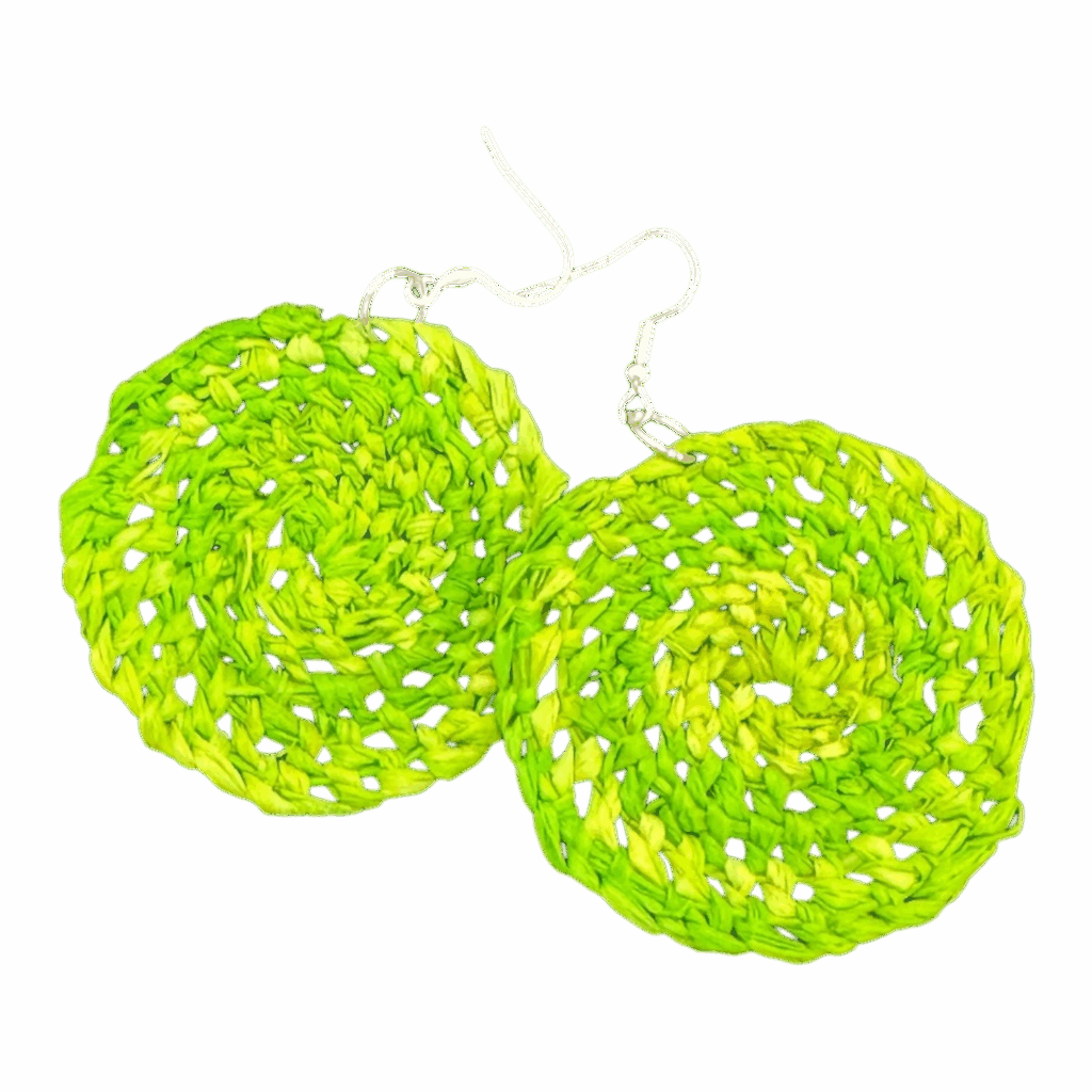 Handwoven lime raffia earrings by Gomeroi artist Debbie Wood. Lightweight, bright, and unique Indigenous jewellery. Shop Australian handmade earrings.