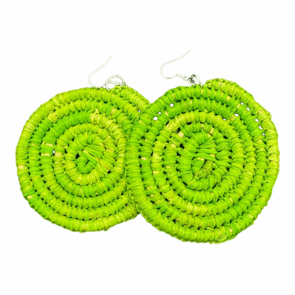 Bright green raffia earrings by Gomeroi artist Debbie Wood. Lightweight handwoven Indigenous jewellery. Shop unique Australian handmade earrings.