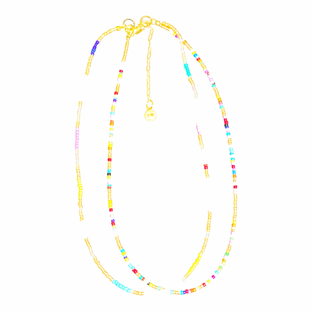 “Rainbow Bright” handmade Art in Stone necklace with rainbow beads & semi-precious stones — fun, colourful, nostalgic Australian jewellery.