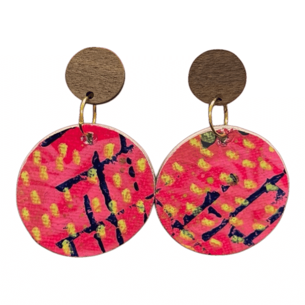 “Hot Pink Graffiti” hand-painted eco earrings by Lindy Farley — bold, bright, and made from recycled coffee pods.